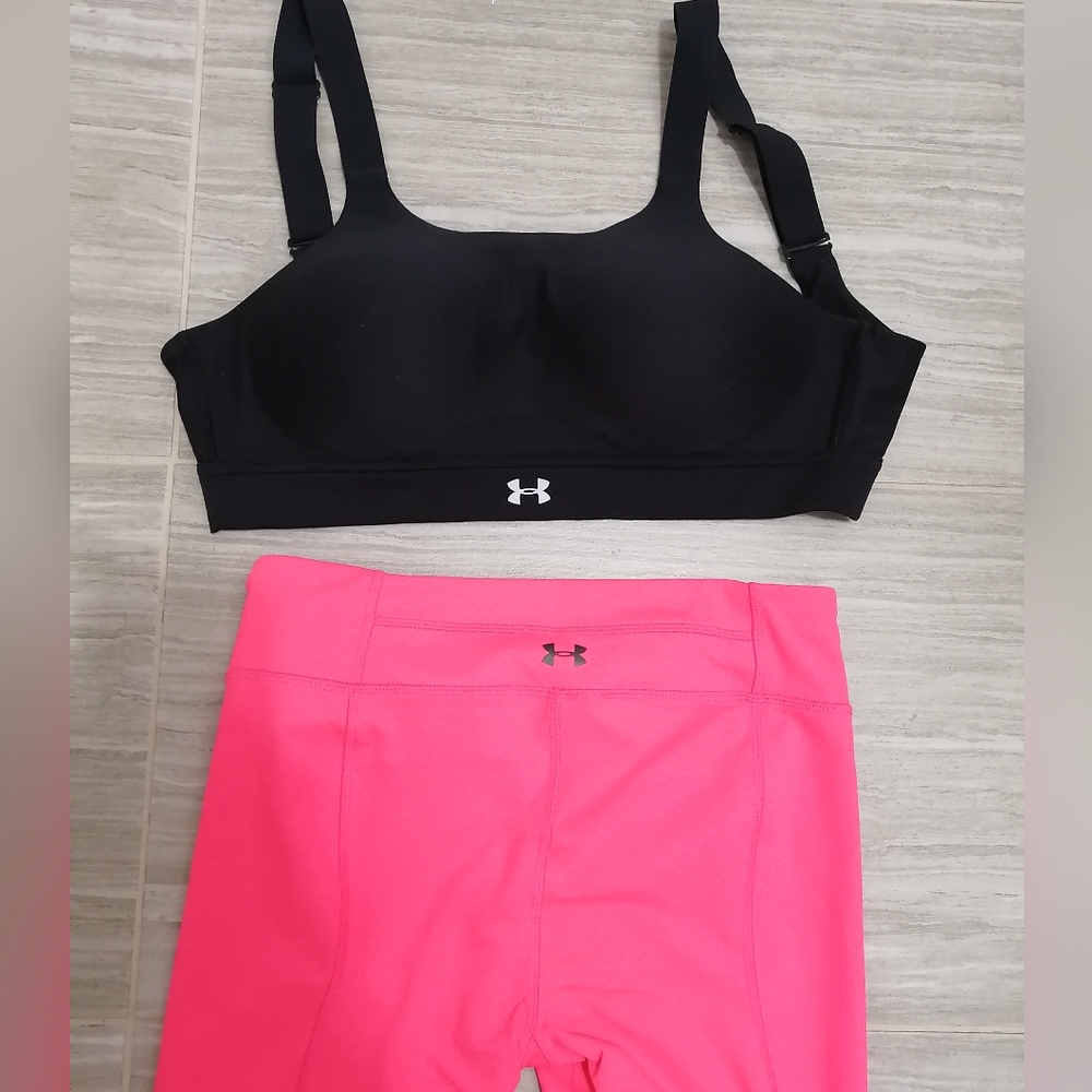 Under armour black sports bra 34 D & pink leggings small kit ensemble set